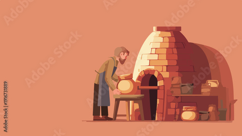 A craftsman works with clay near a brick oven with tools on a shelf