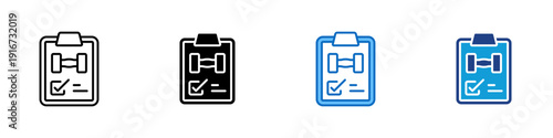 Workout Checklist Multiple Style Icon Design Vector - Clipboard with dumbbell and checkmark representing workout planning, fitness tracking, and exercise completion