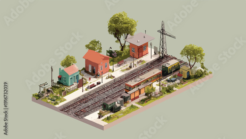 Isometric scene of a small, quaint train station with multiple train cars and buildings