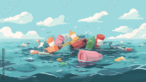 A pile of plastic trash floats in the ocean under a sky with scattered clouds