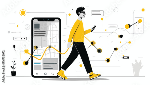 Modern illustration of a person interacting with a smartphone displaying data and connectivity