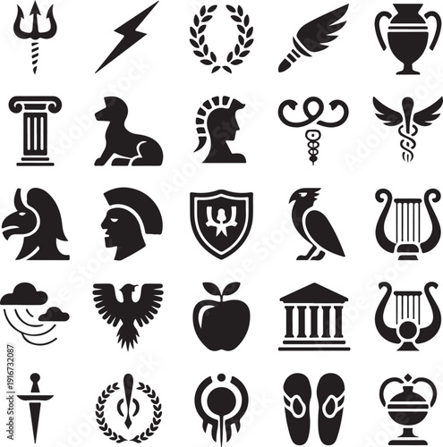 collection of black silhouettes of various ancient and mythological symbols