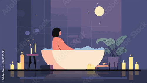 A person relaxes in a bubble bath surrounded by glowing candles under a moonlit sky