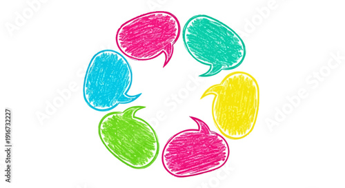 Colorful speech bubbles arranged in a circular pattern on white background 