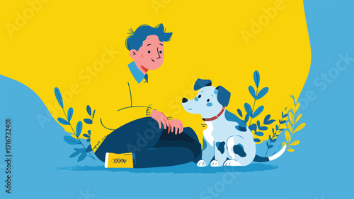 A stylized young person sits with a small spotted dog surrounded by abstract foliage