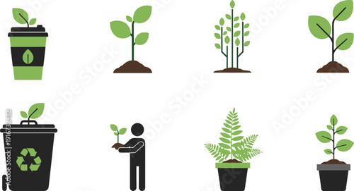 Eco plant and recycle icon set, seedling, tree, gardening, environment vector illustration isolated flat design collection nature symbols bundle