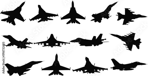 Black, silhouette, set, of, modern, fighter, jets, in, various, flight, maneuvers, including, climbing, banking, and, level, flight, isolated, on, white, background.