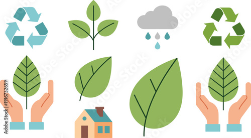Eco leaf and recycle icon set, environment protection, green energy, nature vector illustration isolated flat design collection symbols bundle