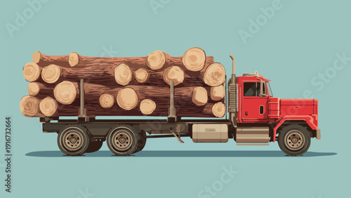 Red logging truck carrying a large load of cut timber on a plain background