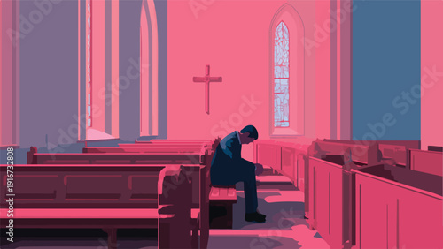Solitary figure bows head in prayer inside a stark, pink-toned church with stained-glass window
