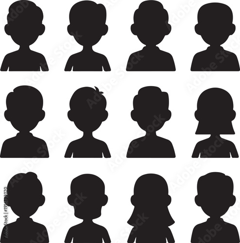 Collection of black silhouette icons of peoples heads and shoulders