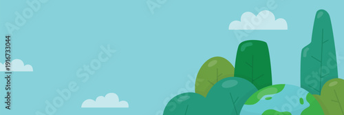 Environmental horizontal banner design with flat illustration of a stylized globe, trees, and bushes on a blue sky with clouds. Perfect for Earth Day, environmental campaigns, and nature designs.