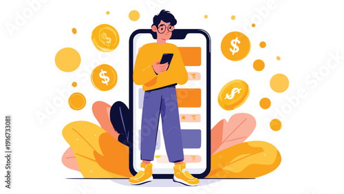 Person with smartphone surrounded by falling coins and abstract shapes