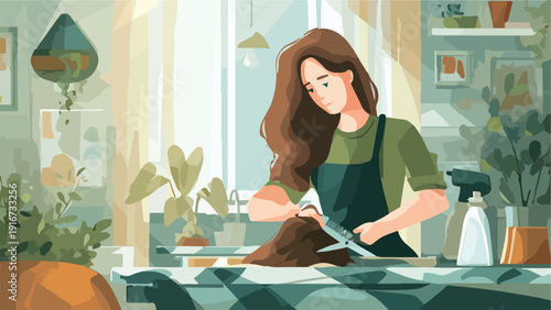 Woman meticulously trims hair with scissors in a sunlit room filled with plants