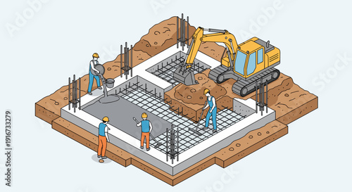 Construction Site with Workers and Machinery.