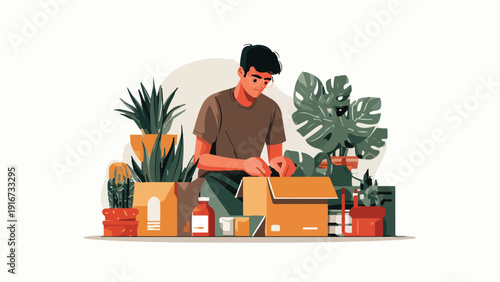 A person with glasses unpacks a box surrounded by potted plants and cacti