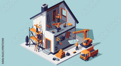 Isometric House Under Construction with Machinery.