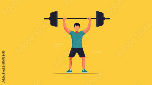 A flat illustration of a man lifting a heavy barbell overhead against a bright yellow background