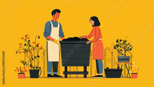 Couple tending to a compost bin in a garden setting