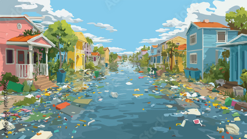 A flooded street lined with colorful houses is choked with debris under a cloudy blue sky