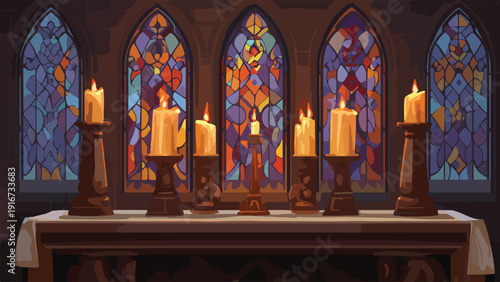 Lit candles on a table before a stained glass window