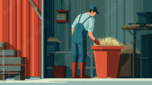 A person wearing overalls and a cap works with hay in a rustic structure