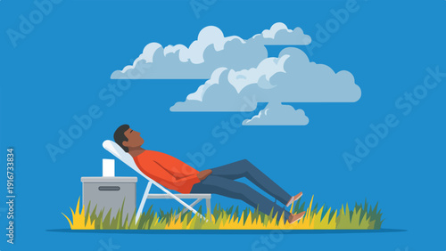 A person relaxes on a lounge chair in a grassy field under a blue sky with clouds