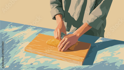Hands preparing dough on a wooden cutting board in a stylized, flat-color illustration