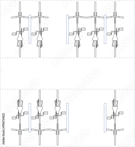 Bicycle parking layout, top view, blueprint, floor plan, outdoor bicycle parking, architectural design, symbol, editable stroke, vector, illustration
