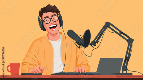 Joyful podcaster with headphones, microphone, laptop, and coffee cup
