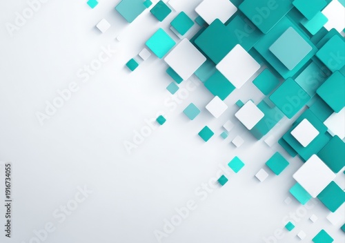 Abstract 3D Square Tile Pattern in Teal and White, Modern Background with Copy Space