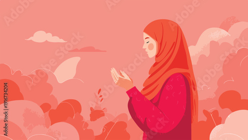 A woman in a hijab prays with her hands cupped, surrounded by soft, abstract shapes