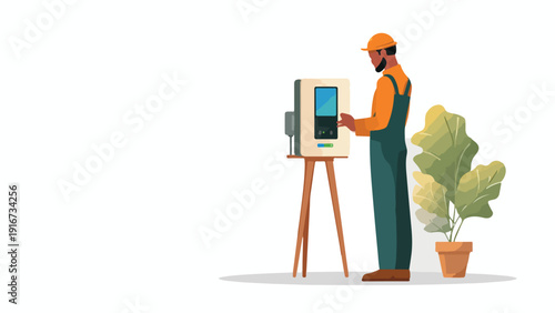 A person in work clothes adjusts a device on a stand next to a potted plant