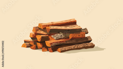 A pile of rough-hewn, textured wooden logs, stacked unevenly in warm earth tones