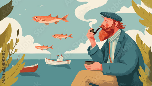 A fisherman with a beard and cap smokes a pipe, surrounded by fish and boats on the sea