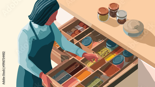 A person organizes spices and ingredients in an open kitchen drawer with jars on the counter