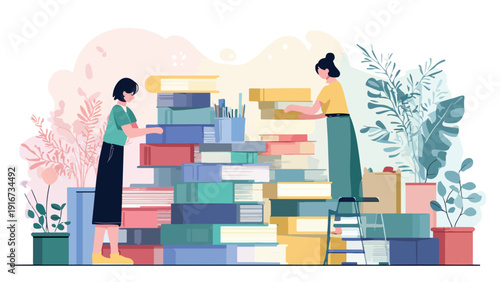 Two people organizing large stacks of books surrounded by plants and decorative shapes