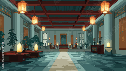 Elegant interior with ornate lanterns, potted plants, and checkered flooring