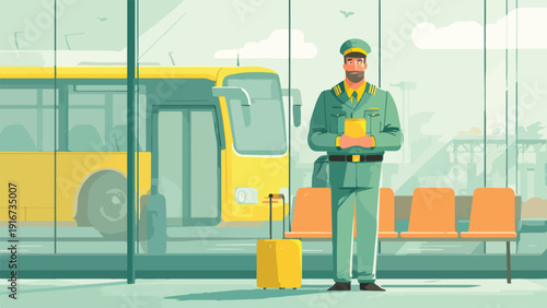 A uniformed man stands near a yellow bus and orange seats inside a terminal