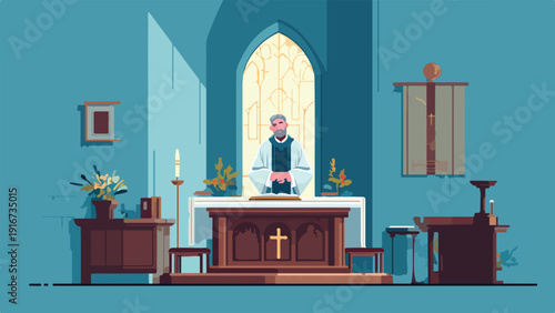 A priest stands at an altar in a church, facing a stained-glass window
