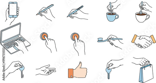 Essentials in Action: An illustrative depiction showcases essential daily activities, from typing and handshaking to enjoying coffee.