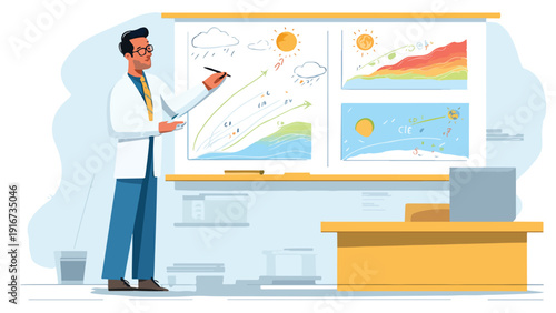 Scientist presenting climate change graphs showing weather patterns and planetary warming trends