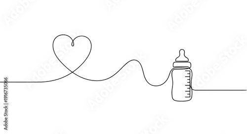 Mother’s Day Concept – Continuous One-Line Drawing of Heart and Baby Bottle Connected by Curved Line