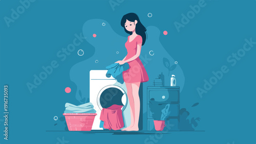 Woman tiredly doing laundry, holding clothes near washing machine and basket