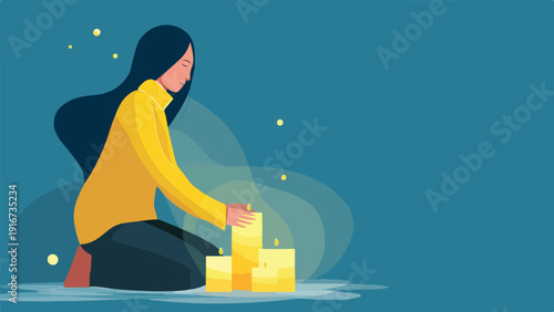Person in yellow shirt kneeling by candles on water, with small lights in background