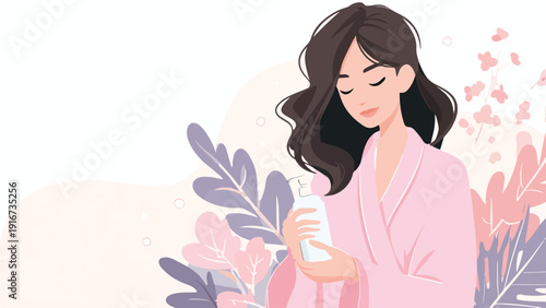 Woman in a robe holds a bottle near decorative leaves and flowers