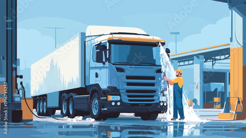 A person in overalls washes a large truck in a bright, blue industrial setting