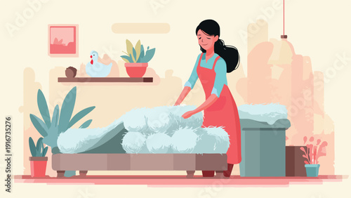 Gentle hands arrange fluffy material on a bed, indoors, with plants and decorative items