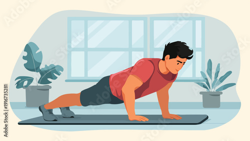 Man performing push-ups indoors on a mat in a room with plants and windows