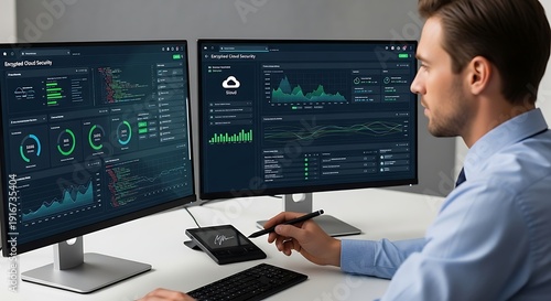 Man analyzing encrypted cloud security data on dual monitors with a tablet